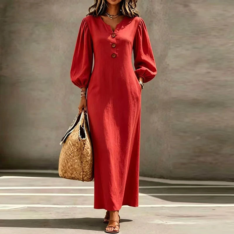 Robe longue ample à col V et poches