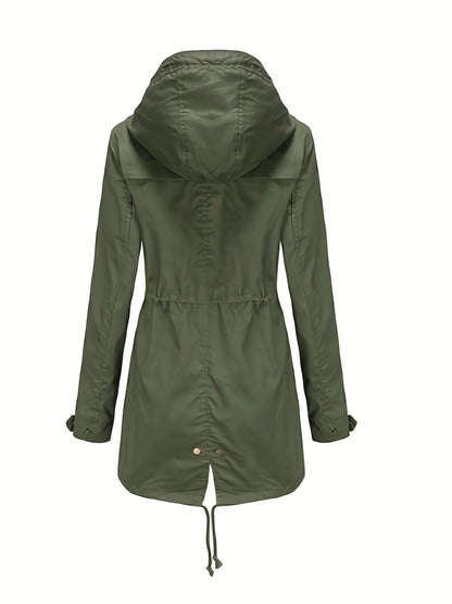 Parka à capuche femme, taille à cordon, poches et tissu coupe-vent