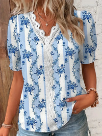 Chemise Fleurie Femme Col V Dentelle Ajouré – Haut Boho Chic Été