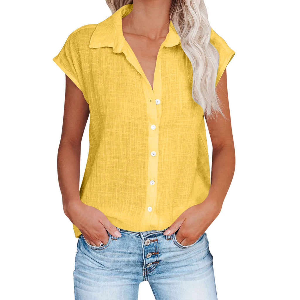 Chemisier ample manches courtes en coton lin jaune, encolure boutonnée, coupe décontractée