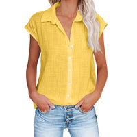 Chemisier ample manches courtes en coton lin jaune, encolure boutonnée, coupe décontractée