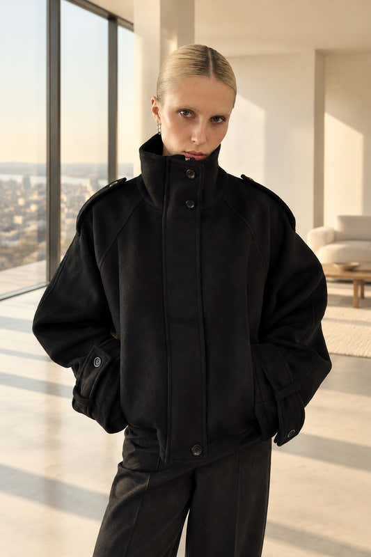 Manteau en laine femme, coupe ample, fermeture zippée et poches