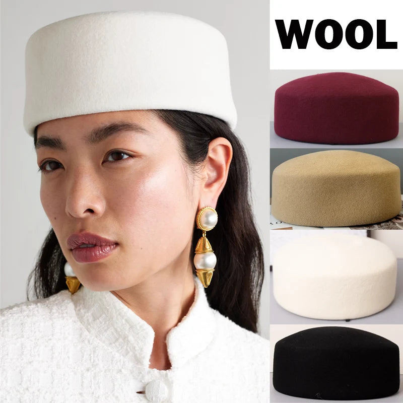 Chapeau Fedora en feutre à calotte rigide vintage pour femmes, 100% laine, béret plat, chapeau de mariage, fascinateur, chapeau de cocktail classique, chapeau pillbox