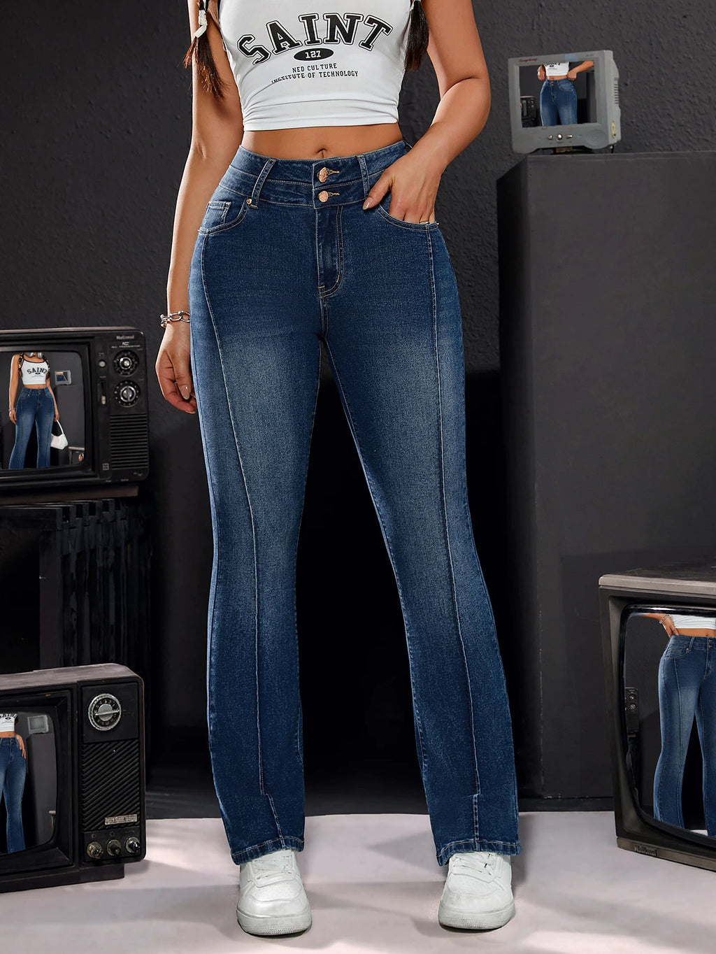 Pantalon en jean stretch taille haute pour femme, détails à double bouton, coupe confortable, jambe droite