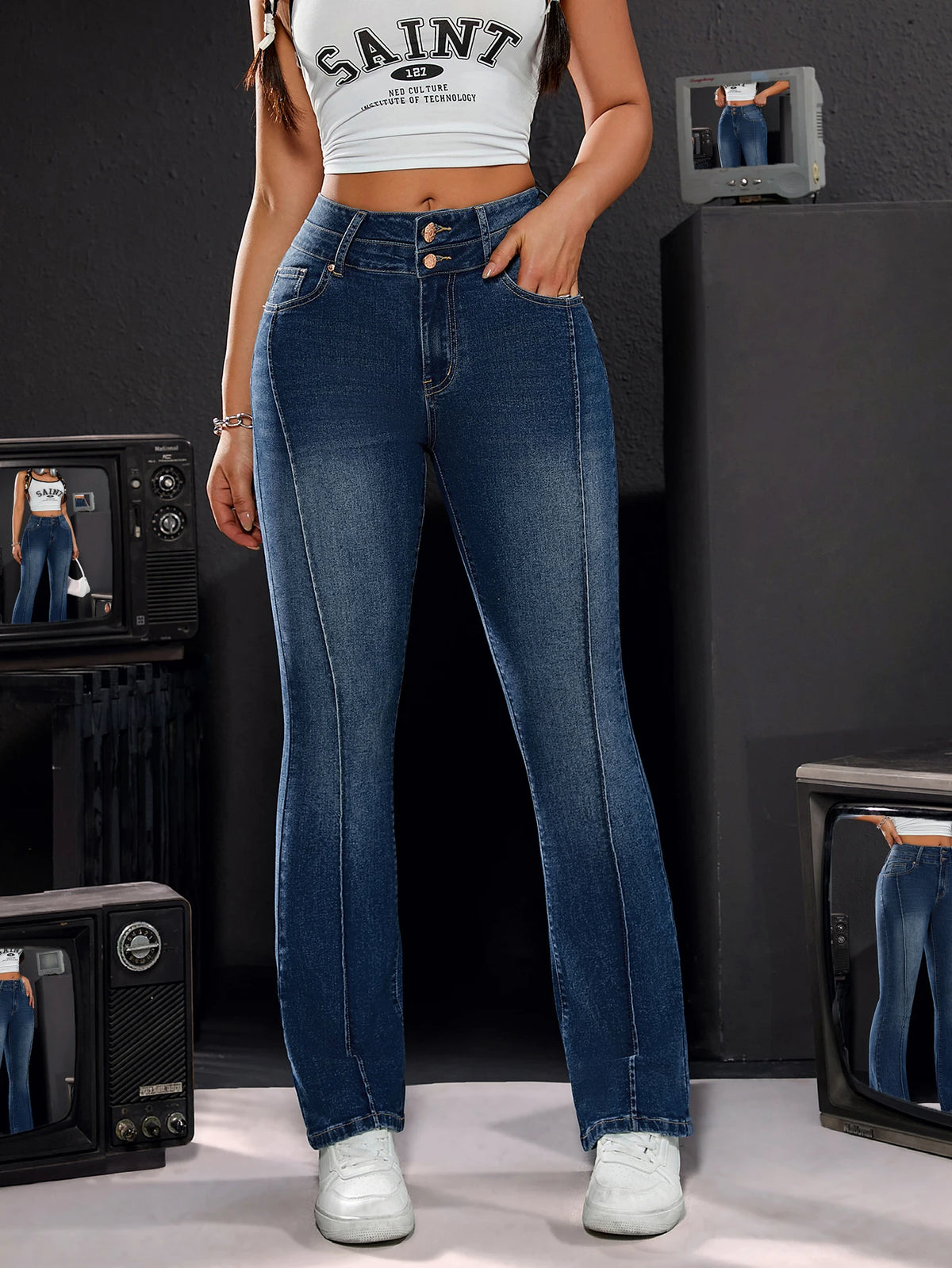 Pantalon en jean stretch taille haute pour femme, détails à double bouton, coupe confortable, jambe droite
