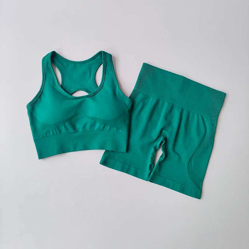 Ensemble de Yoga sans couture pour femmes, 2 pièces, soutien-gorge de Sport Sexy, taille haute, short de Sport, Fitness, sans manches, costume d'entraînement, vêtements de Sport