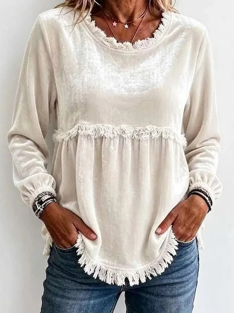Vintage Women Velvet Casual Top O Neck Tassel Trim Long Sleeve Loose Blouse Bohemian Autumn Daily Wear Shirts for Female