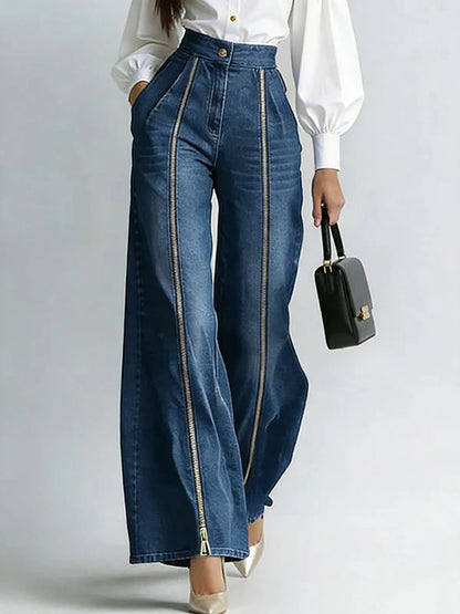 Jean taille haute bleu à zips dorés