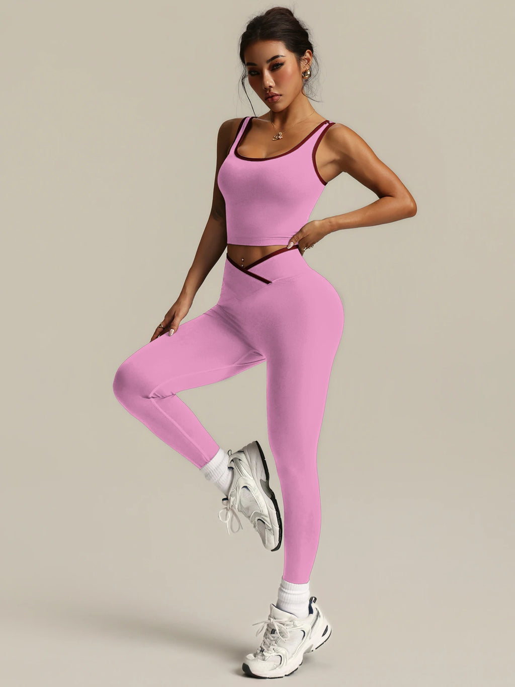 Ensemble Yoga 2 Pièces Femme – Leggings Croisé en V & Brassière Sport