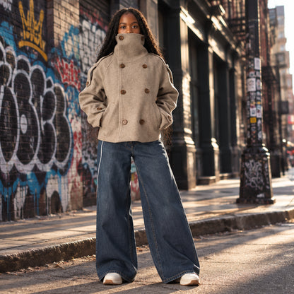Manteau en laine femme, coupe ample, fermeture zippée et poches