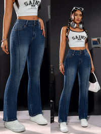 Pantalon en jean stretch taille haute pour femme, détails à double bouton, coupe confortable, jambe droite