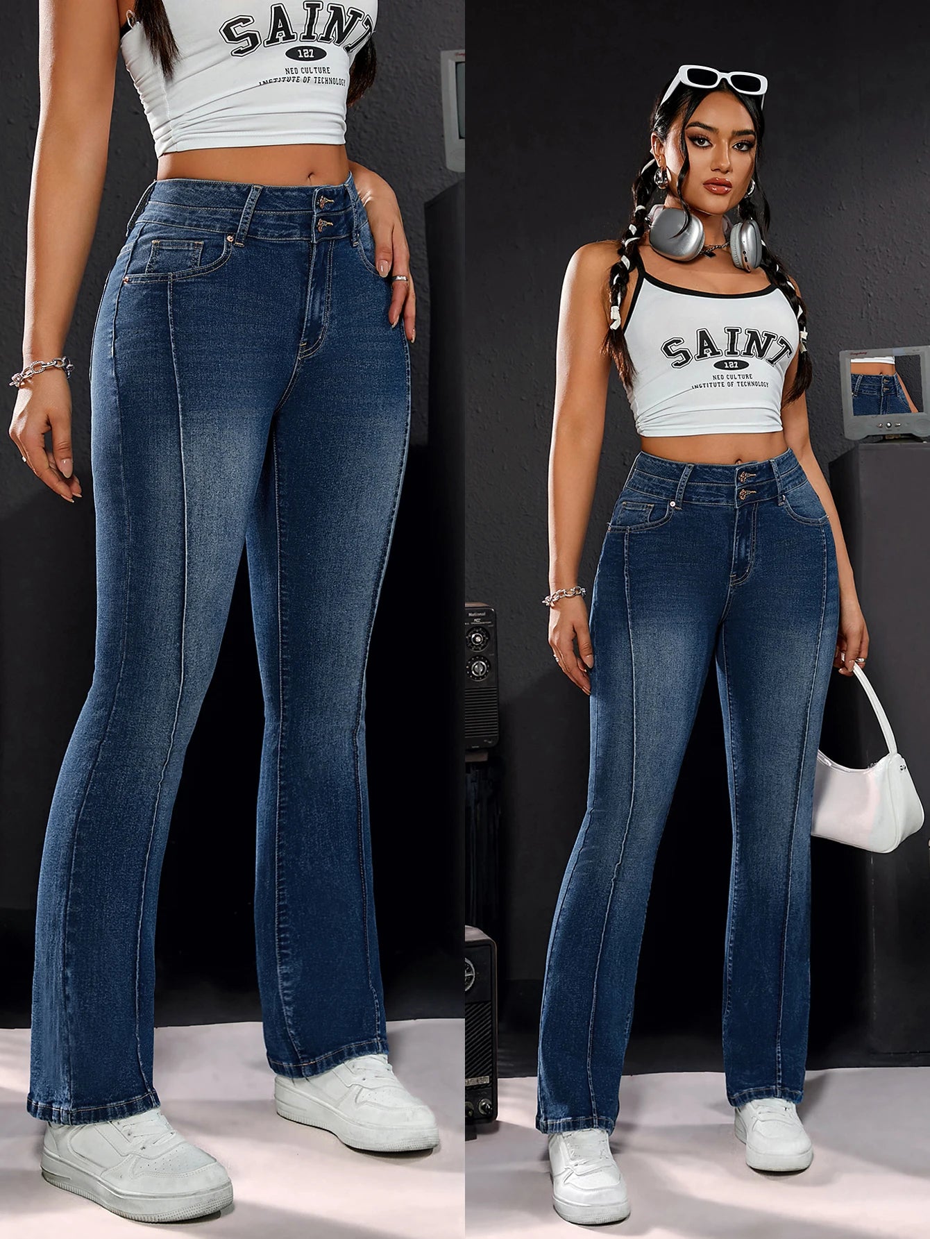 Pantalon en jean stretch taille haute pour femme, détails à double bouton, coupe confortable, jambe droite