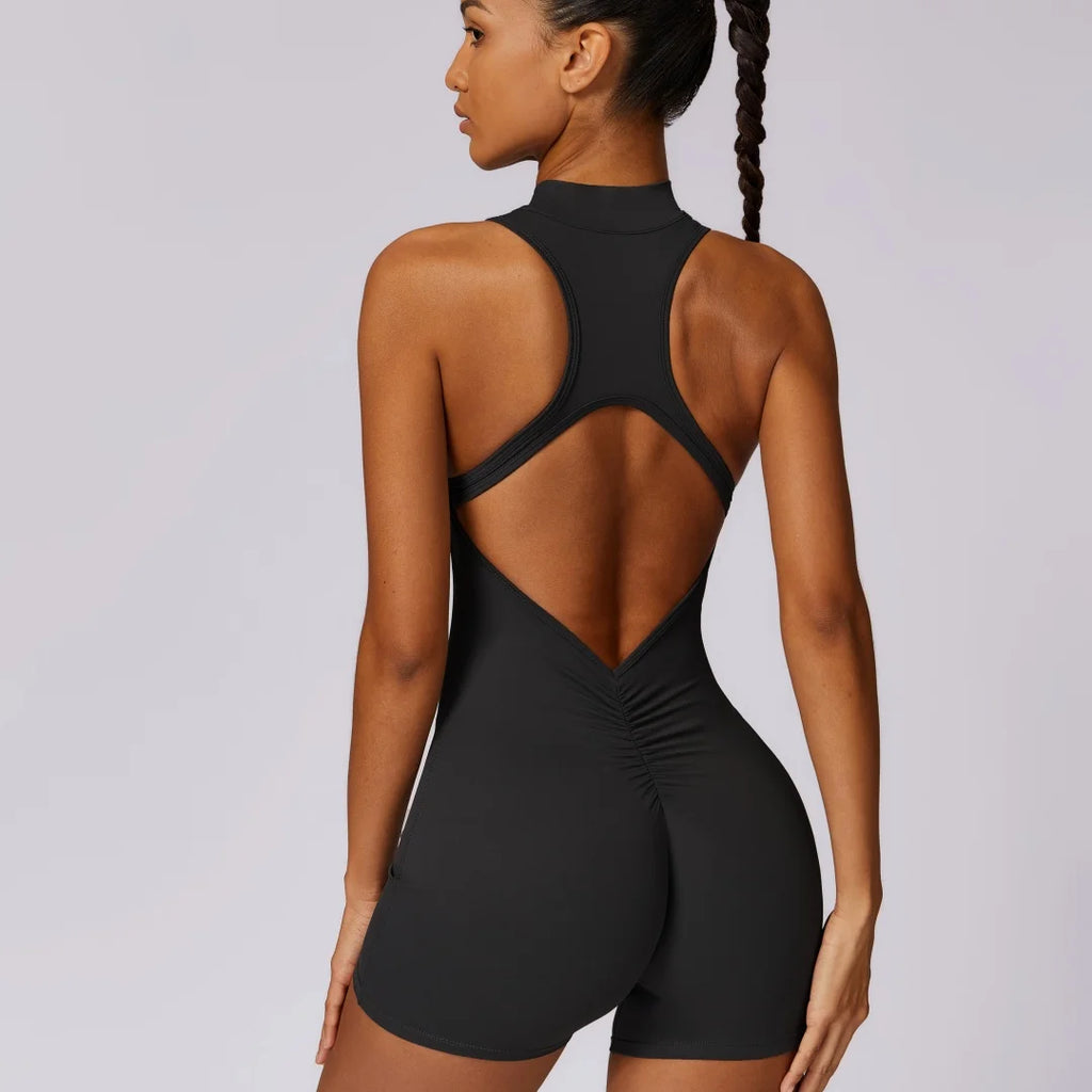 Couleur unie dos nu dos taille Scrunch Yoga combinaison ensemble court femmes fermeture éclair vêtements de sport Fitness une pièce sport costume entraînement