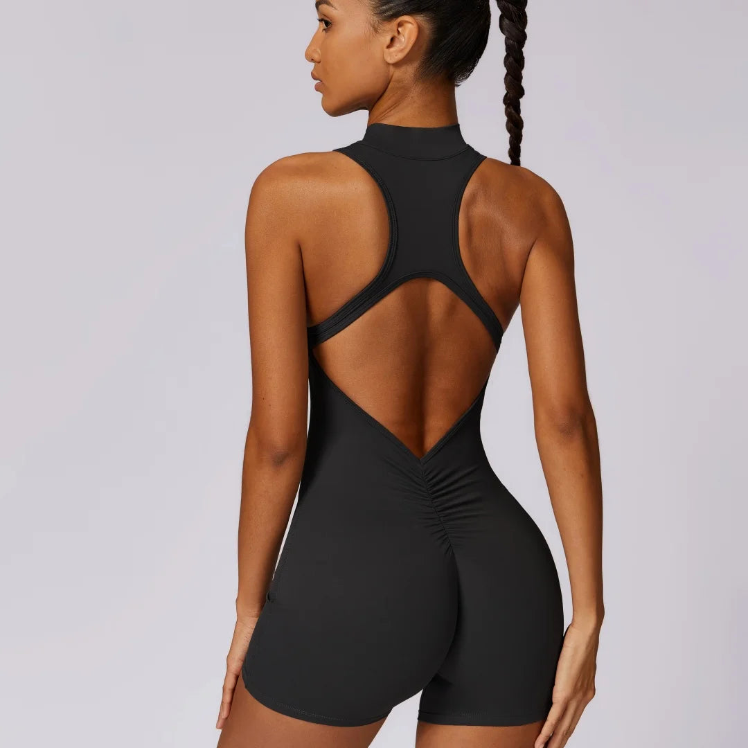 Couleur unie dos nu dos taille Scrunch Yoga combinaison ensemble court femmes fermeture éclair vêtements de sport Fitness une pièce sport costume entraînement
