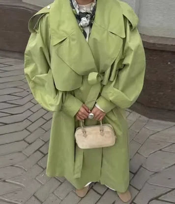 Trench long femme à simple boutonnage, coupe ample et taille haute