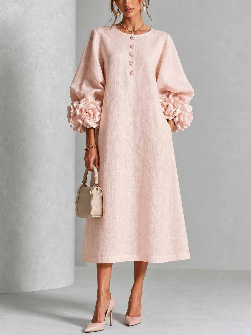 Robe midi élégante en lin pour femmes, col rond, manches lanternes à fleurs 3D, boutonnée, coupe ample et droite, robe longue modeste pour les occasions décontractées et les soirées.