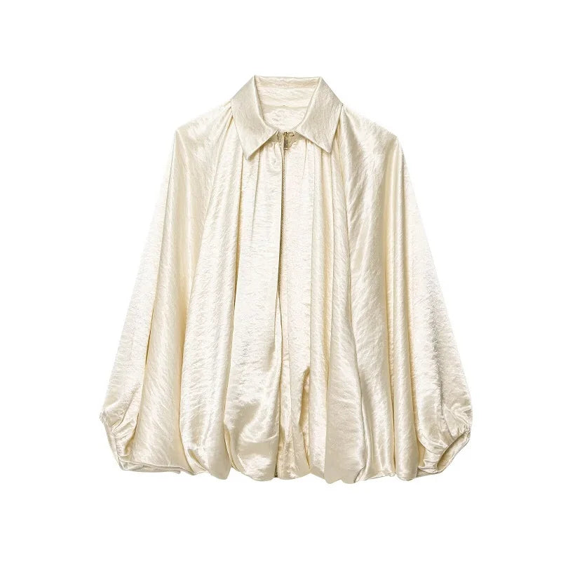 Blouson femme froncé à coupe ample, col rabattu et zip
