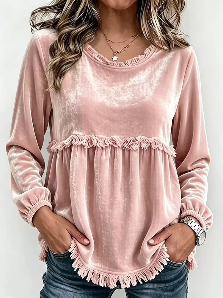Vintage Women Velvet Casual Top O Neck Tassel Trim Long Sleeve Loose Blouse Bohemian Autumn Daily Wear Shirts for Female
