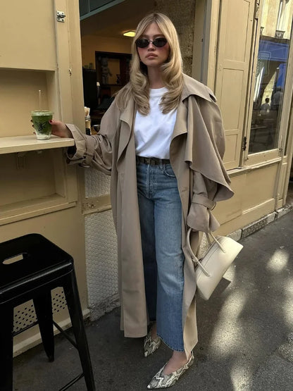 Trench long femme à simple boutonnage, coupe ample et taille haute