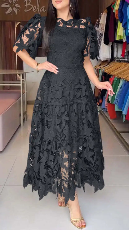 Robes évidées pour femmes, coupe trapèze, couleur unie, longueur cheville, demi-manches, taille cintrée, légèrement extensible, ajustées, décontractées et élégantes, Été 2026