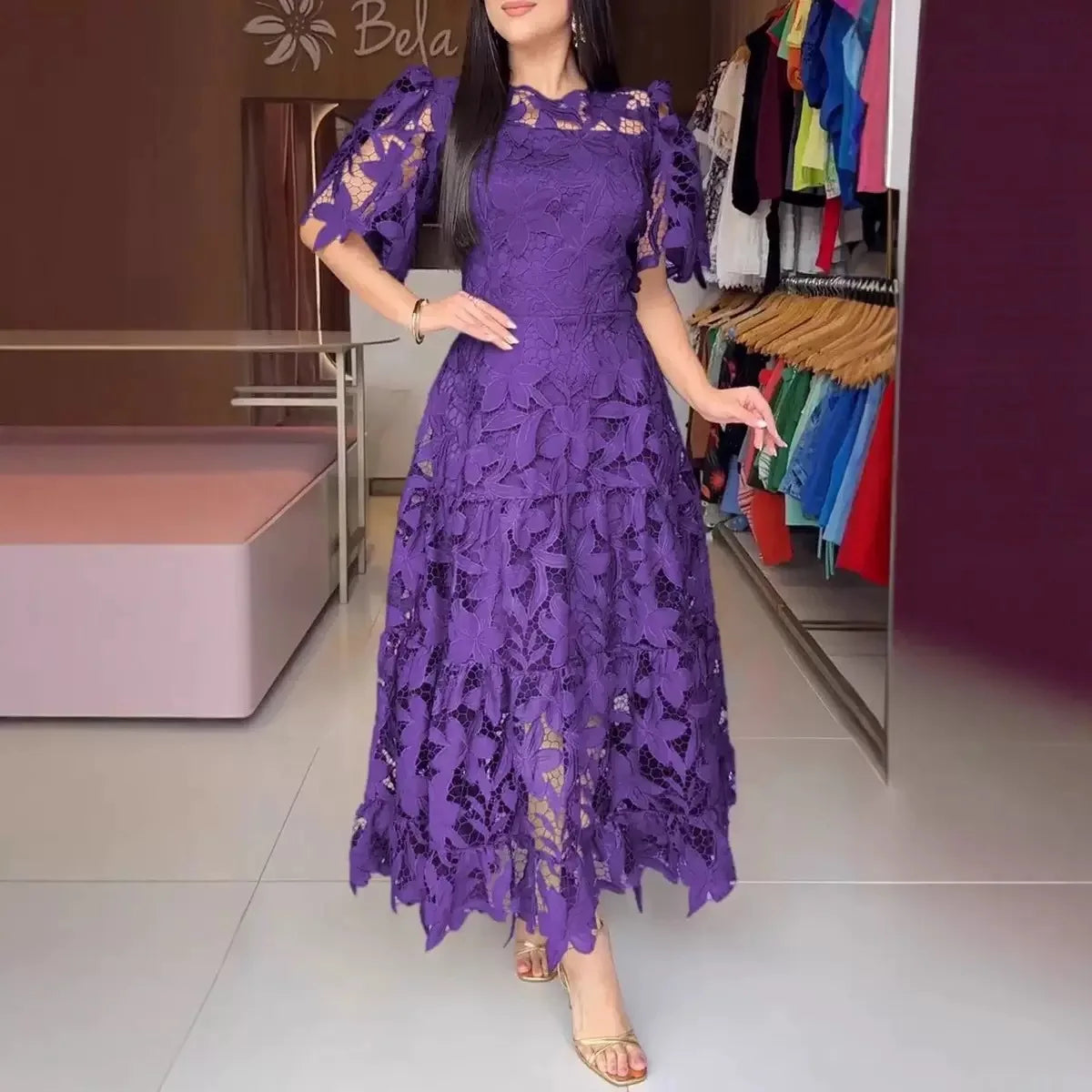 Robes évidées pour femmes, coupe trapèze, couleur unie, longueur cheville, demi-manches, taille cintrée, légèrement extensible, ajustées, décontractées et élégantes, Été 2026