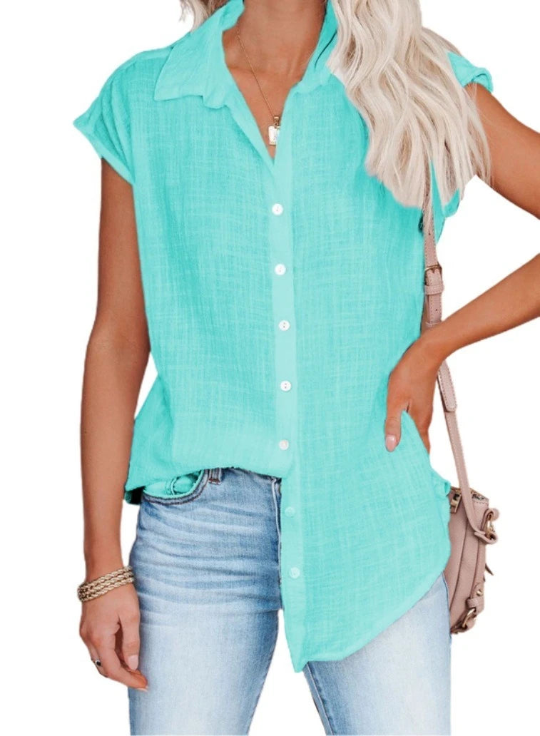 Chemisier ample manches courtes en coton lin turquoise, encolure boutonnée, tissu léger