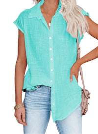 Chemisier ample manches courtes en coton lin turquoise, encolure boutonnée, tissu léger