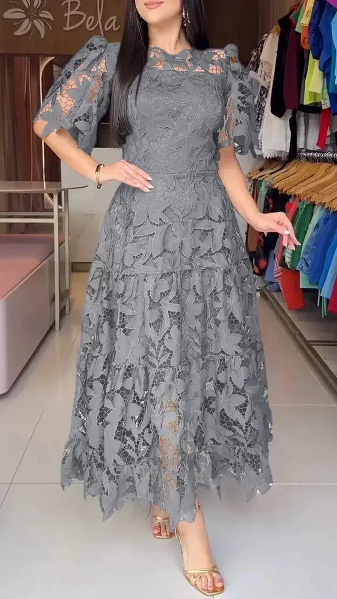 Robes évidées pour femmes, coupe trapèze, couleur unie, longueur cheville, demi-manches, taille cintrée, légèrement extensible, ajustées, décontractées et élégantes, Été 2026