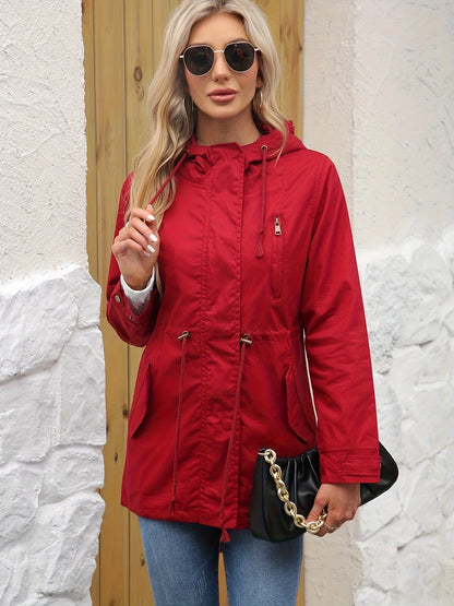 Parka à capuche femme, taille à cordon, poches et tissu coupe-vent