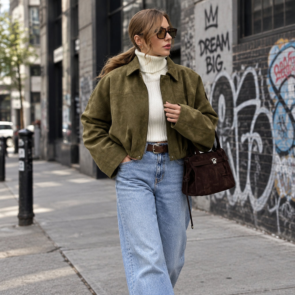 Veste bomber femme en suédine oversize zippée