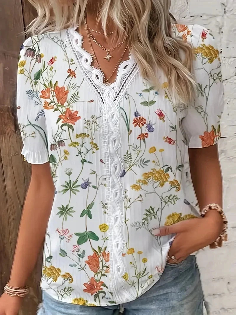 Chemise Fleurie Femme Col V Dentelle Ajouré – Haut Boho Chic Été
