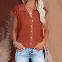 Chemisier ample manches courtes en coton lin rouille, encolure boutonnée, style décontracté