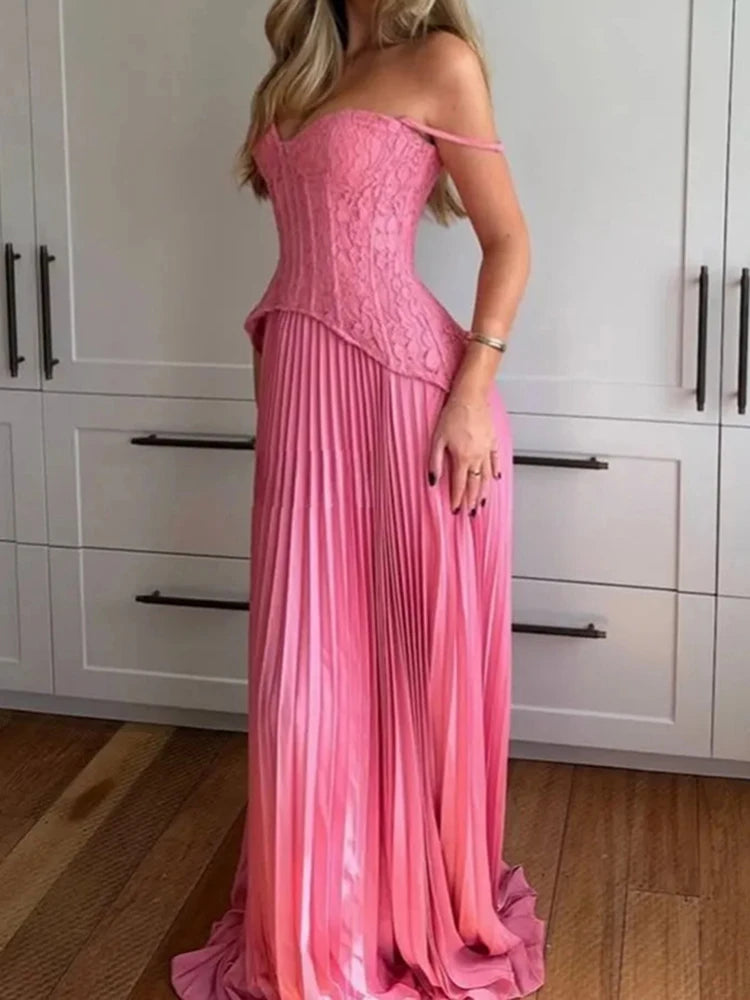 Robe longue femme plissée en dentelle