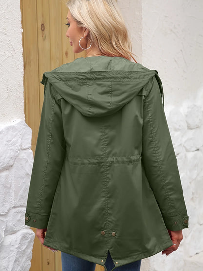 Parka à capuche femme, taille à cordon, poches et tissu coupe-vent