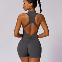 Couleur unie dos nu dos taille Scrunch Yoga combinaison ensemble court femmes fermeture éclair vêtements de sport Fitness une pièce sport costume entraînement