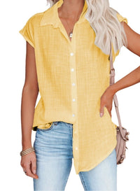Chemisier ample manches courtes en coton lin jaune moutarde, encolure boutonnée, coupe ample