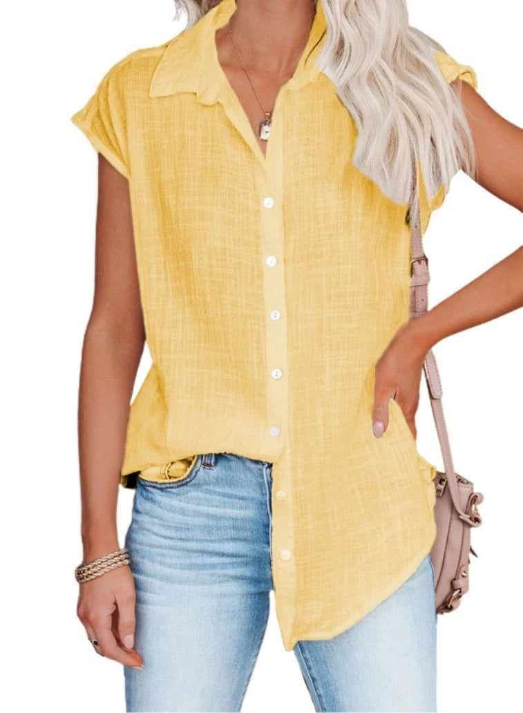 Chemisier ample manches courtes en coton lin jaune moutarde, encolure boutonnée, coupe ample