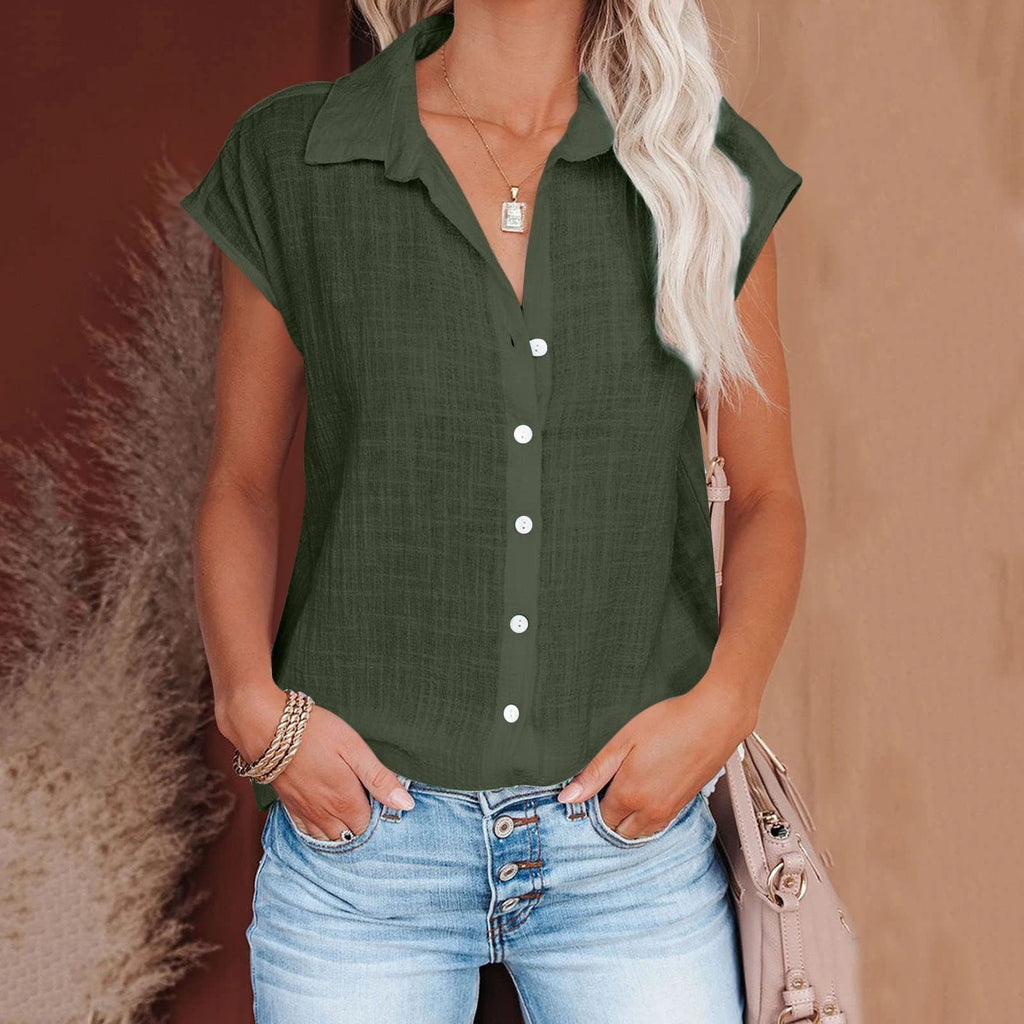Chemisier ample manches courtes en coton lin vert foncé, encolure boutonnée, silhouette ample