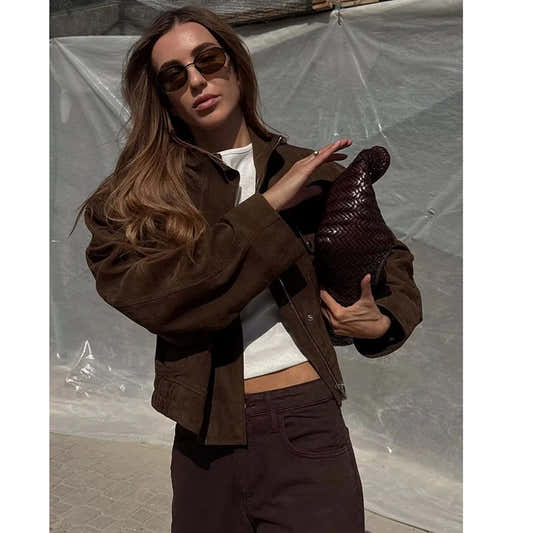 Veste zippée femme marron à col montant, coupe slim et poches