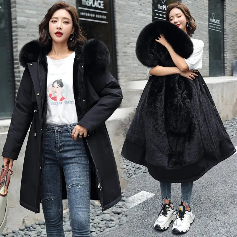 Veste d'hiver 2026, nouvelle parka pour femme, manteau long, doublure en laine, veste à capuche, col en fourrure, épaisse, chaude, vêtements de neige, parka rembourrée 6XL