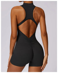 Couleur unie dos nu dos taille Scrunch Yoga combinaison ensemble court femmes fermeture éclair vêtements de sport Fitness une pièce sport costume entraînement