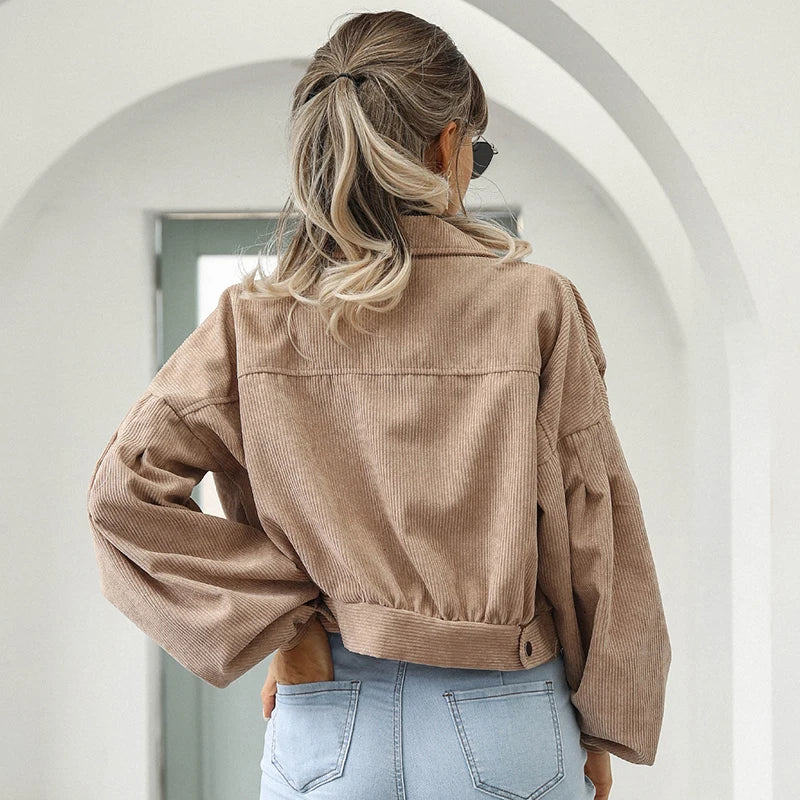 Veste courte en velours côtelé femme, manches lanterne et simple boutonnage