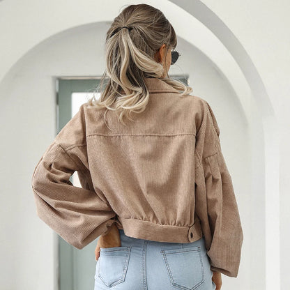 Veste courte en velours côtelé femme, manches lanterne et simple boutonnage