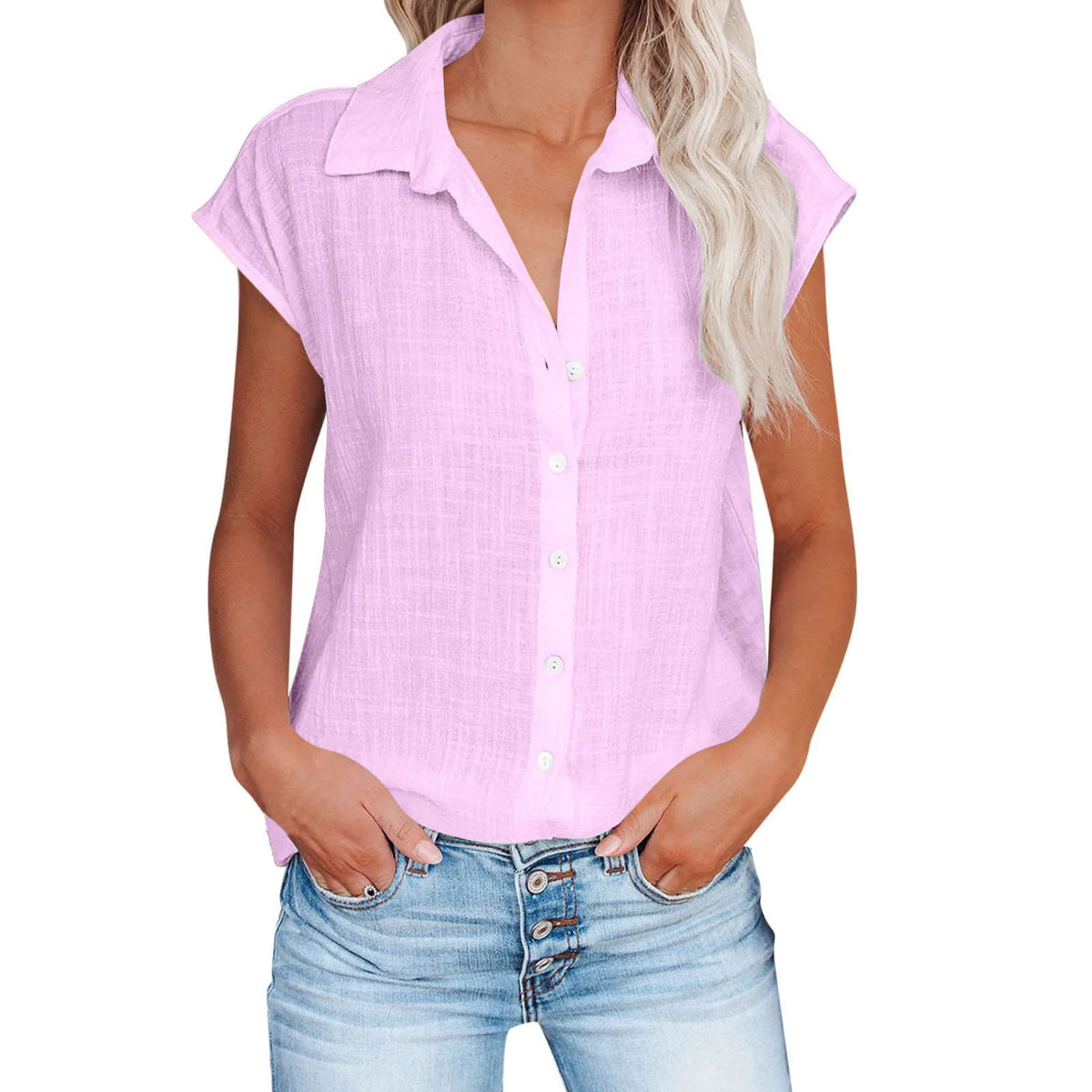 Chemisier ample manches courtes en coton lin rose clair, encolure boutonnée, tombé fluide