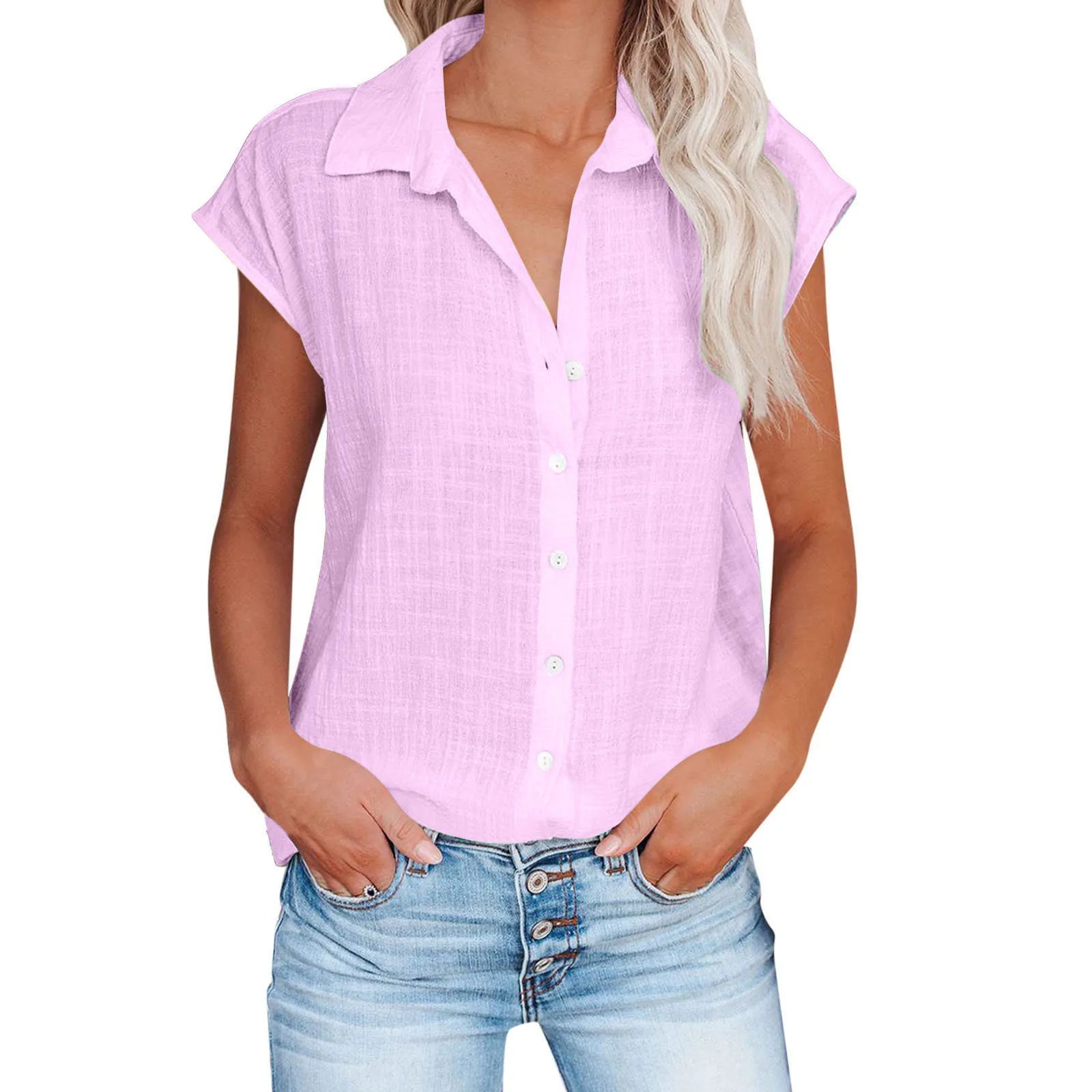 Chemisier ample manches courtes en coton lin rose clair, encolure boutonnée, tombé fluide