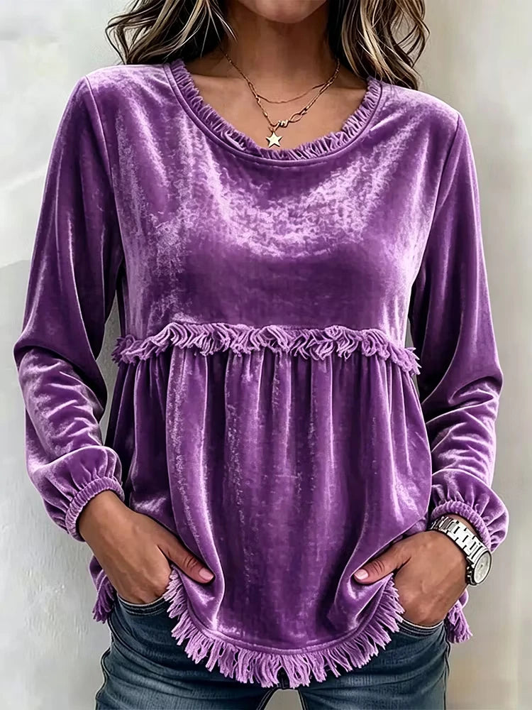 Chemisier velours femme à franges – Manches longues