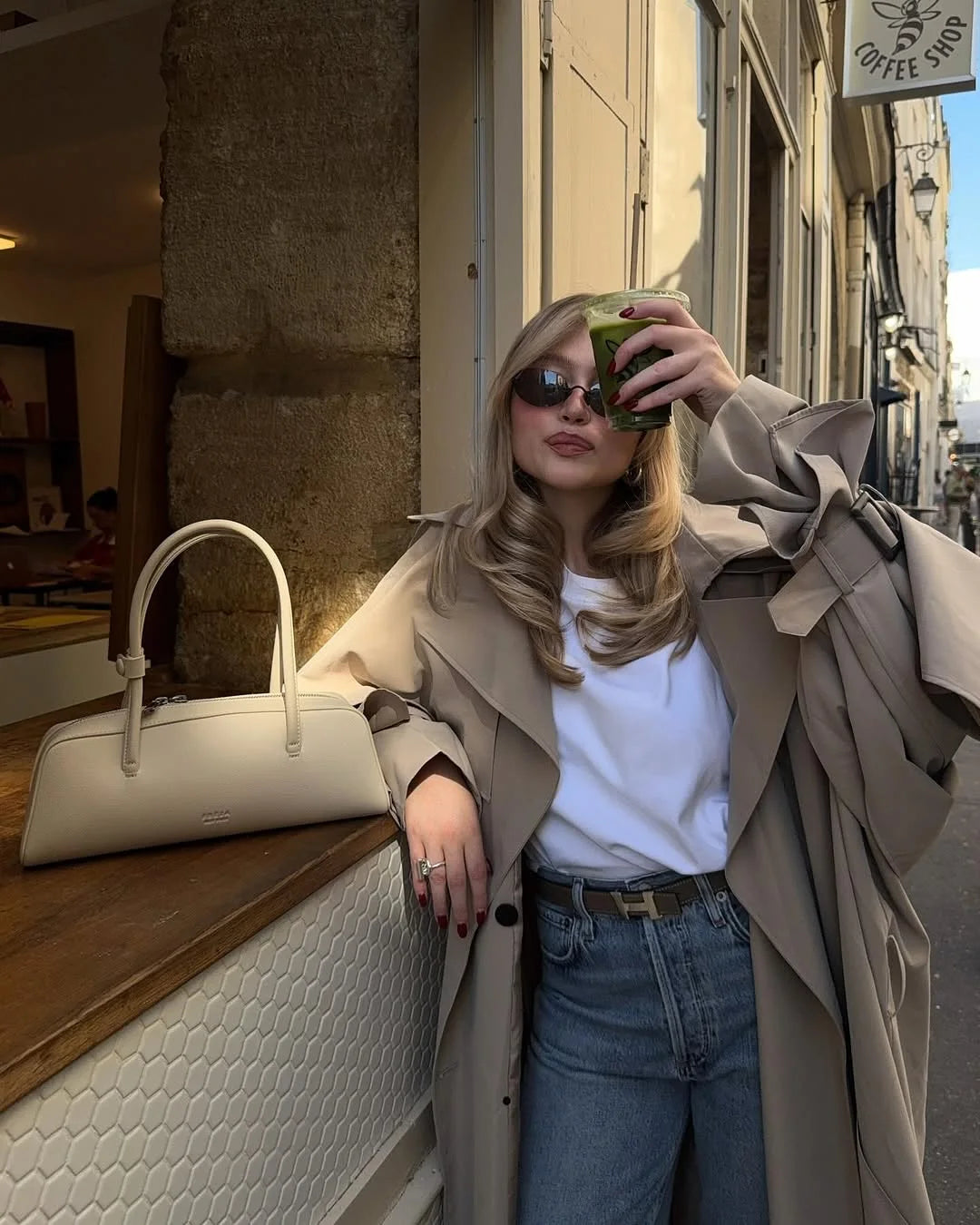 Trench long femme à simple boutonnage, coupe ample et taille haute