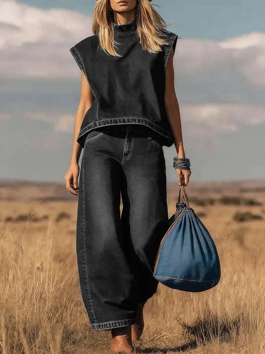 Pantalon et haut femme chic en jean bleu