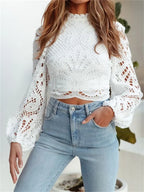 Chemisier Dentelle Élégant Manches Bouffantes Blanc