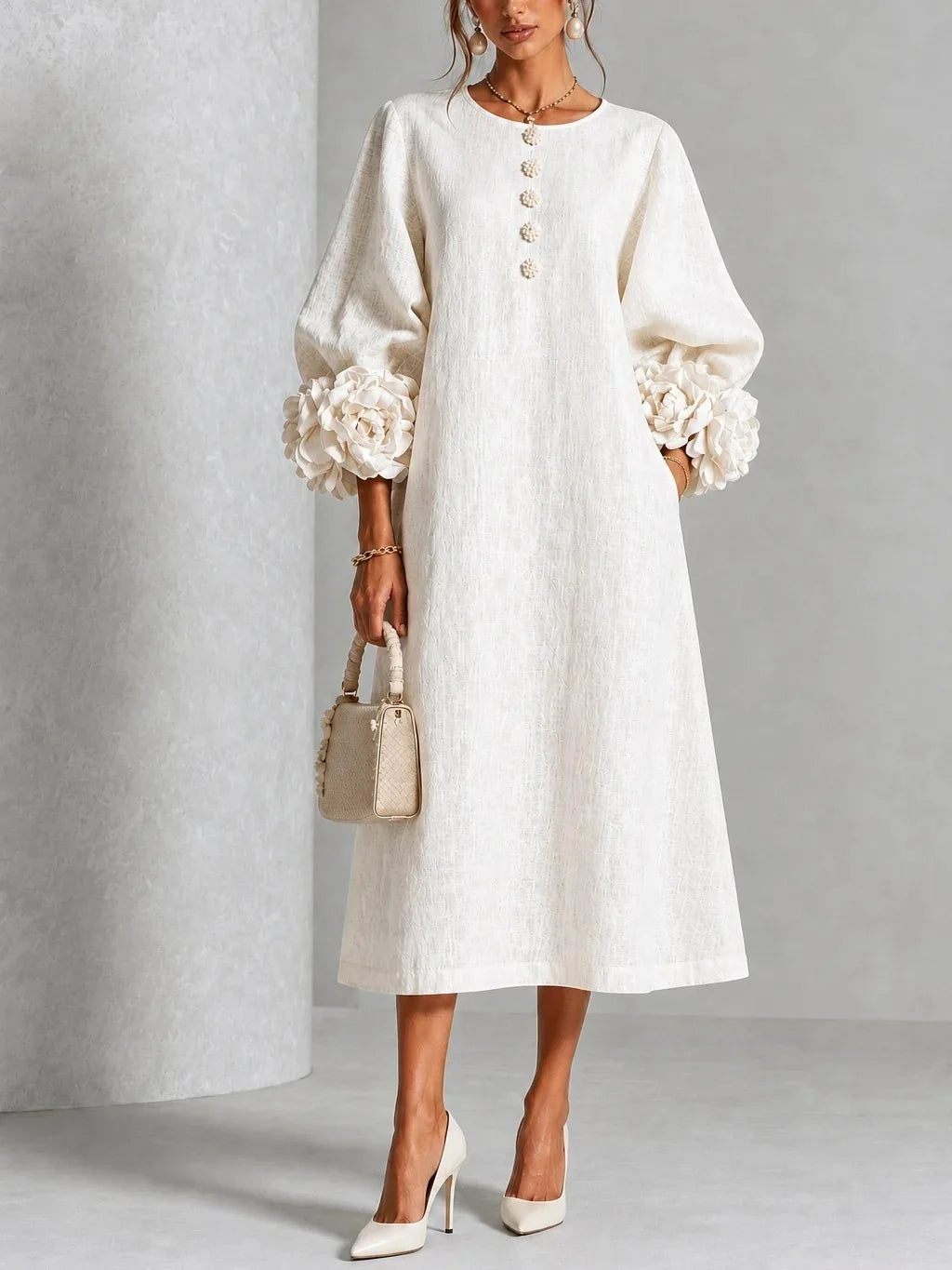 Robe midi élégante en lin pour femmes, col rond, manches lanternes à fleurs 3D, boutonnée, coupe ample et droite, robe longue modeste pour les occasions décontractées et les soirées.